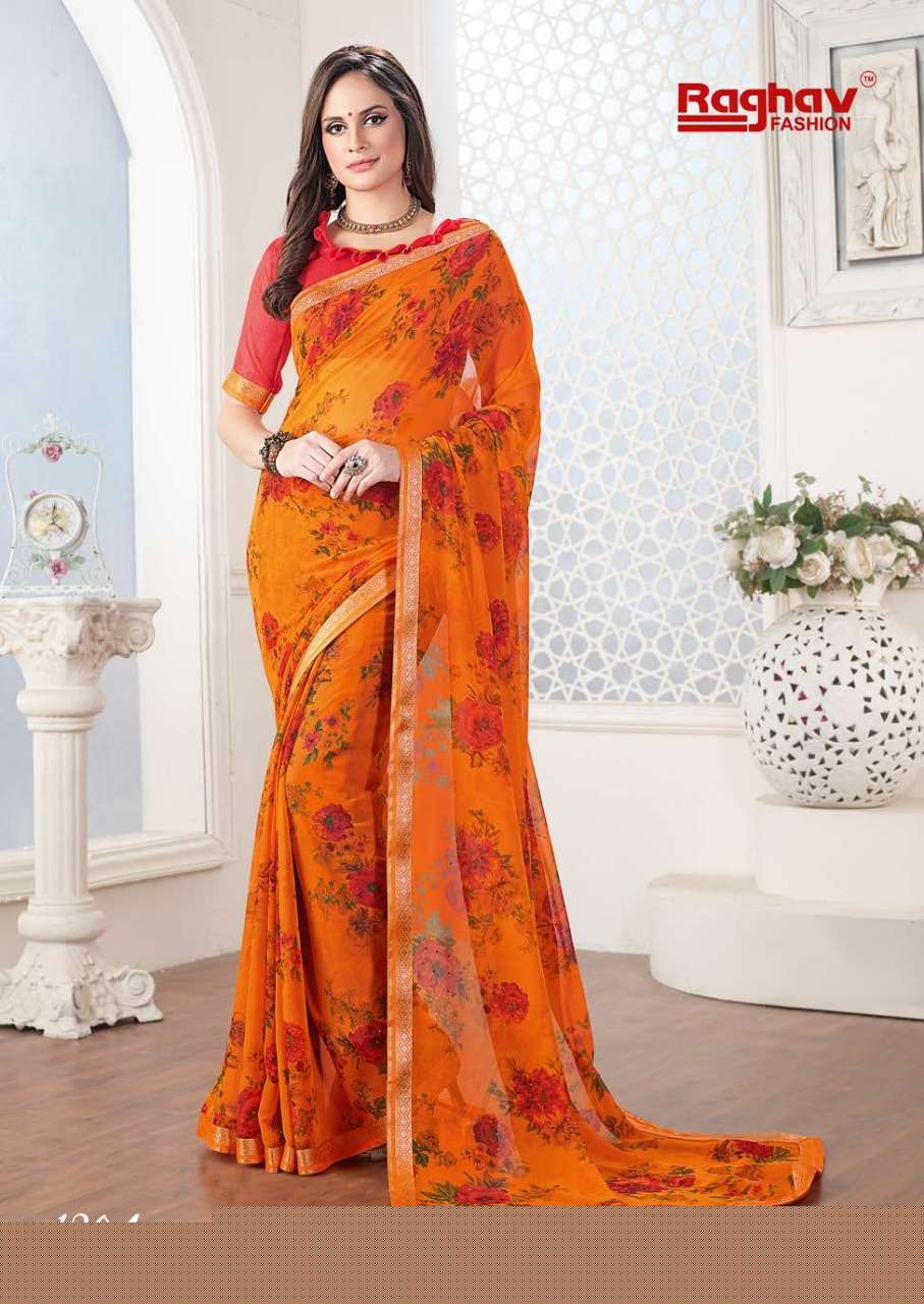 GALAXY BY RAGHAV FASHION 1301 TO 1308 SERIES INDIAN TRADITIONAL WEAR COLLECTION BEAUTIFUL STYLISH FANCY COLORFUL PARTY WEAR & OCCASIONAL WEAR GEORGETTE PRINTED SAREES AT WHOLESALE PRICE