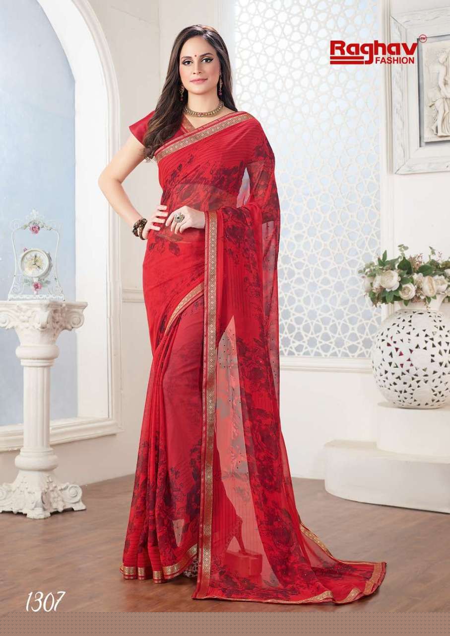 GALAXY BY RAGHAV FASHION 1301 TO 1308 SERIES INDIAN TRADITIONAL WEAR COLLECTION BEAUTIFUL STYLISH FANCY COLORFUL PARTY WEAR & OCCASIONAL WEAR GEORGETTE PRINTED SAREES AT WHOLESALE PRICE