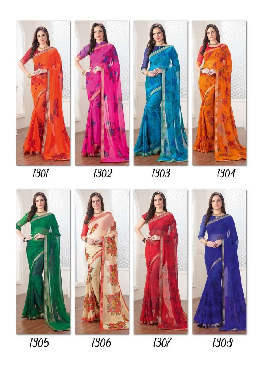 GALAXY BY RAGHAV FASHION 1301 TO 1308 SERIES INDIAN TRADITIONAL WEAR COLLECTION BEAUTIFUL STYLISH FANCY COLORFUL PARTY WEAR & OCCASIONAL WEAR GEORGETTE PRINTED SAREES AT WHOLESALE PRICE