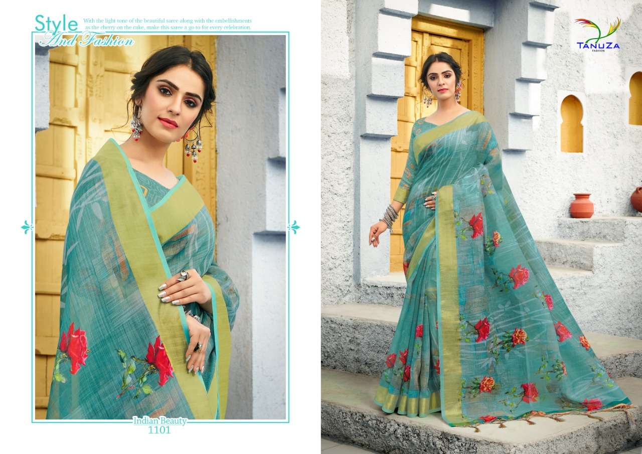 INDIAN BEAUTY VOL-6 BY TANUZA FASHION 1099 TO 1109 SERIES INDIAN TRADITIONAL WEAR COLLECTION BEAUTIFUL STYLISH FANCY COLORFUL PARTY WEAR & OCCASIONAL WEAR LINEN ZARI SAREES AT WHOLESALE PRICE