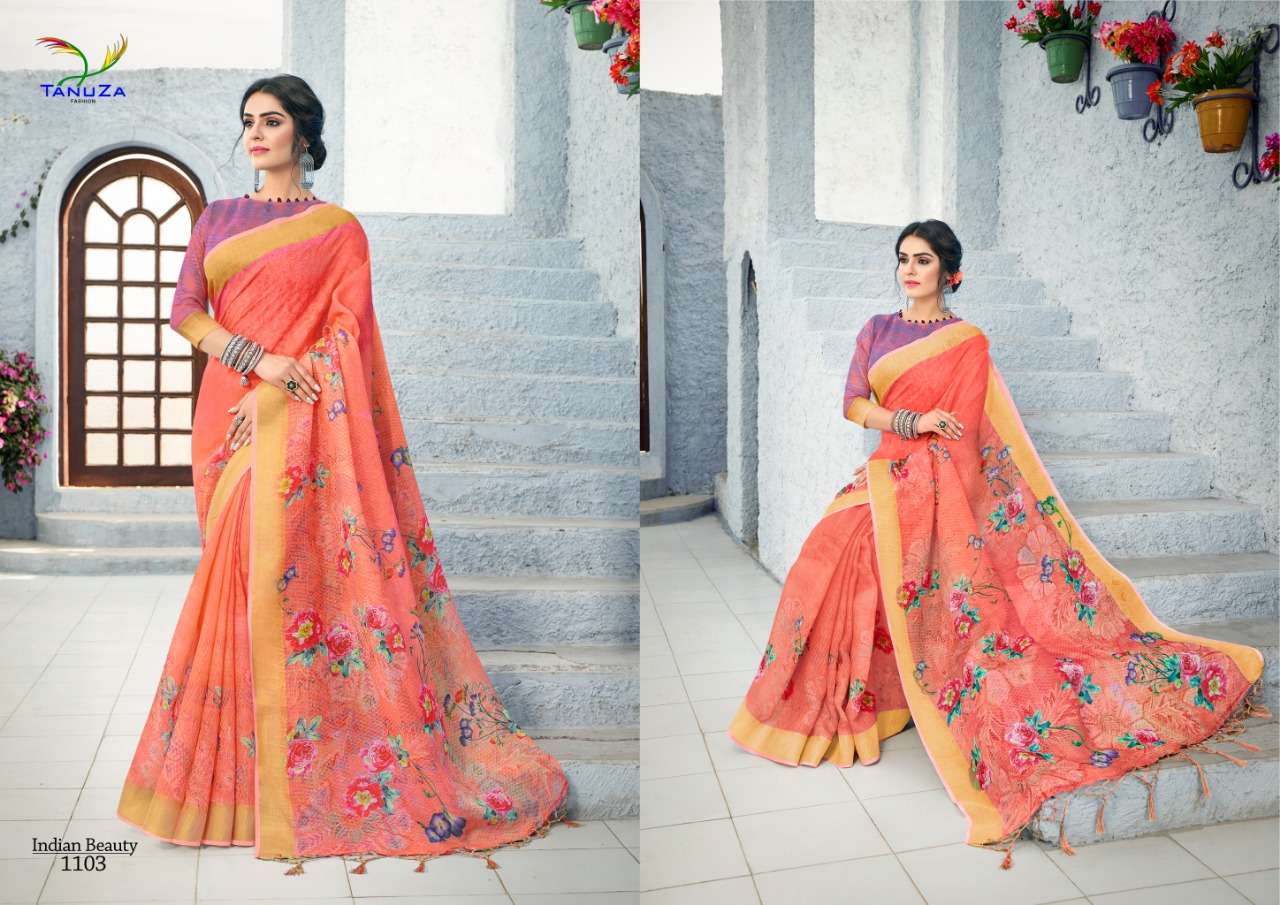 INDIAN BEAUTY VOL-6 BY TANUZA FASHION 1099 TO 1109 SERIES INDIAN TRADITIONAL WEAR COLLECTION BEAUTIFUL STYLISH FANCY COLORFUL PARTY WEAR & OCCASIONAL WEAR LINEN ZARI SAREES AT WHOLESALE PRICE