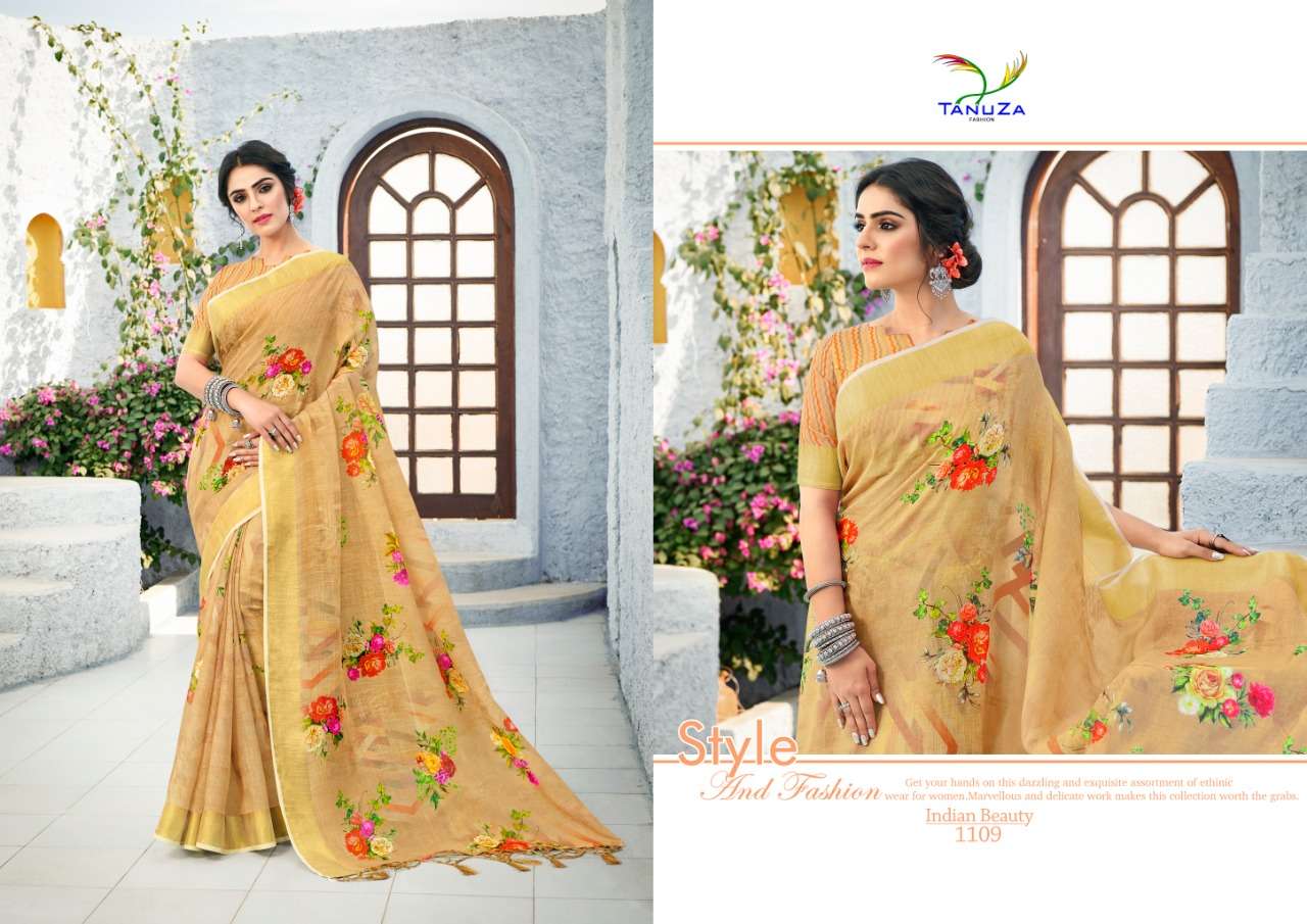 INDIAN BEAUTY VOL-6 BY TANUZA FASHION 1099 TO 1109 SERIES INDIAN TRADITIONAL WEAR COLLECTION BEAUTIFUL STYLISH FANCY COLORFUL PARTY WEAR & OCCASIONAL WEAR LINEN ZARI SAREES AT WHOLESALE PRICE