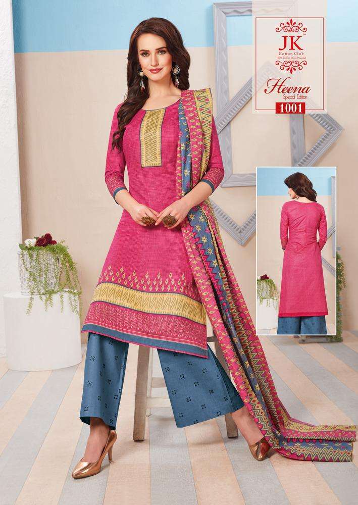 HEENA SPECIAL EDITION BY JK COTTON CLUB 1001 TO 1012 SERIES BEAUTIFUL SUITS STYLISH FANCY COLORFUL PARTY WEAR & OCCASIONAL WEAR COTTON PRINTED DRESSES AT WHOLESALE PRICE
