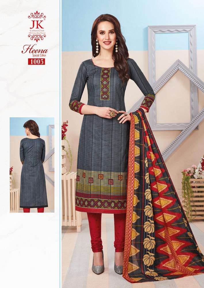 HEENA SPECIAL EDITION BY JK COTTON CLUB 1001 TO 1012 SERIES BEAUTIFUL SUITS STYLISH FANCY COLORFUL PARTY WEAR & OCCASIONAL WEAR COTTON PRINTED DRESSES AT WHOLESALE PRICE