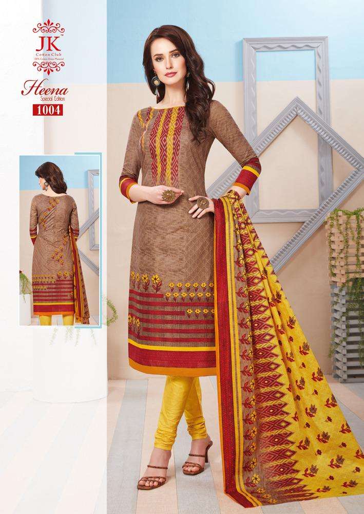 HEENA SPECIAL EDITION BY JK COTTON CLUB 1001 TO 1012 SERIES BEAUTIFUL SUITS STYLISH FANCY COLORFUL PARTY WEAR & OCCASIONAL WEAR COTTON PRINTED DRESSES AT WHOLESALE PRICE