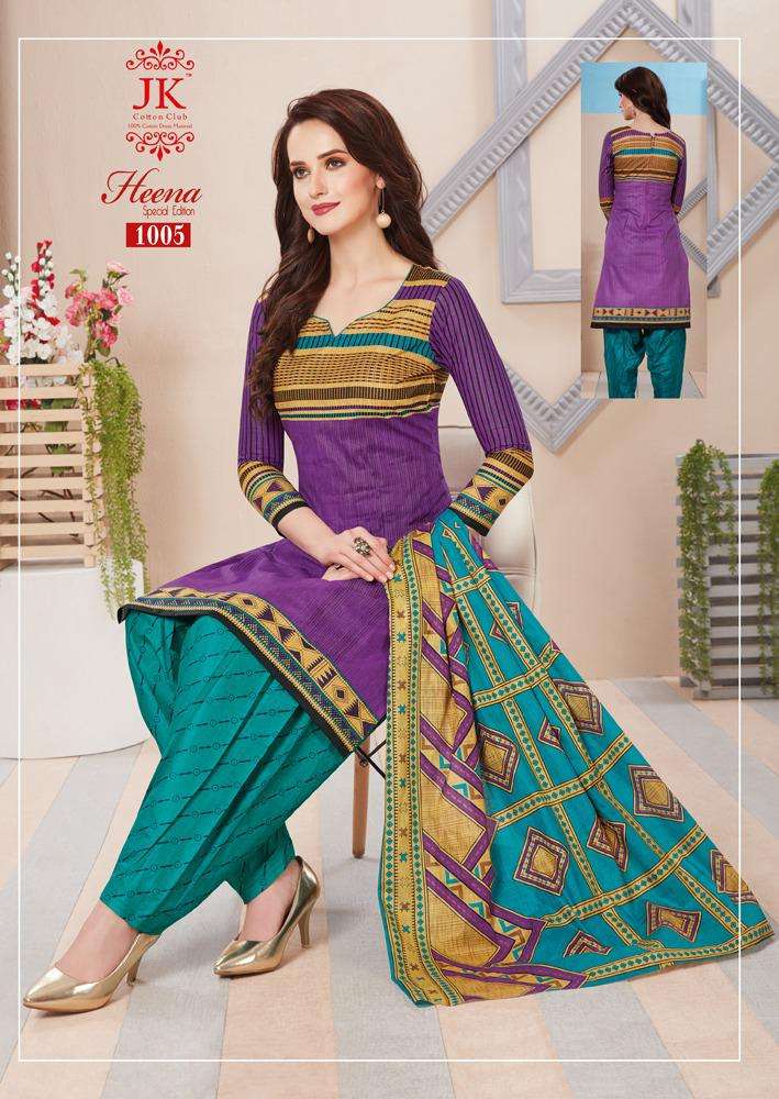 HEENA SPECIAL EDITION BY JK COTTON CLUB 1001 TO 1012 SERIES BEAUTIFUL SUITS STYLISH FANCY COLORFUL PARTY WEAR & OCCASIONAL WEAR COTTON PRINTED DRESSES AT WHOLESALE PRICE
