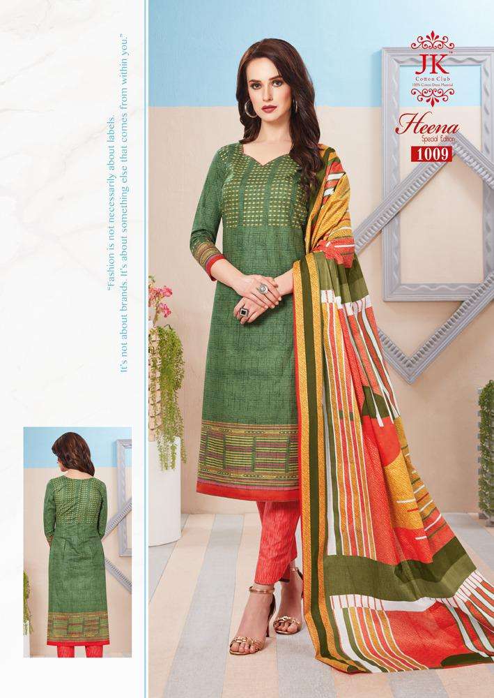 HEENA SPECIAL EDITION BY JK COTTON CLUB 1001 TO 1012 SERIES BEAUTIFUL SUITS STYLISH FANCY COLORFUL PARTY WEAR & OCCASIONAL WEAR COTTON PRINTED DRESSES AT WHOLESALE PRICE