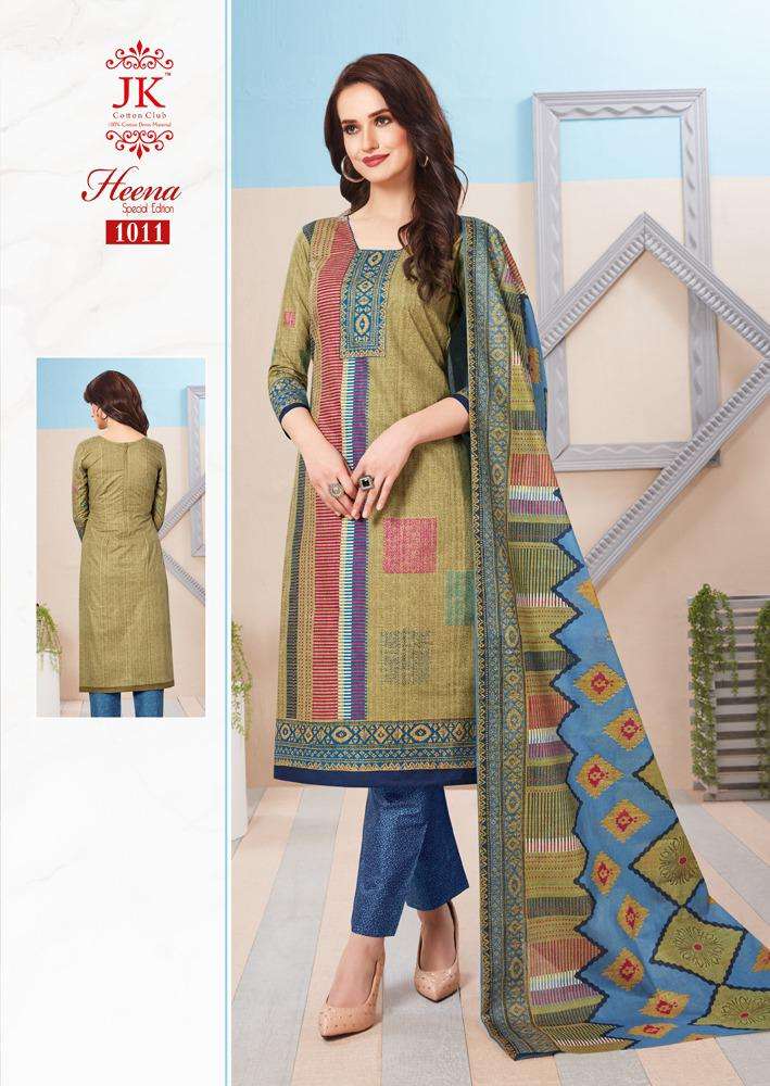 HEENA SPECIAL EDITION BY JK COTTON CLUB 1001 TO 1012 SERIES BEAUTIFUL SUITS STYLISH FANCY COLORFUL PARTY WEAR & OCCASIONAL WEAR COTTON PRINTED DRESSES AT WHOLESALE PRICE