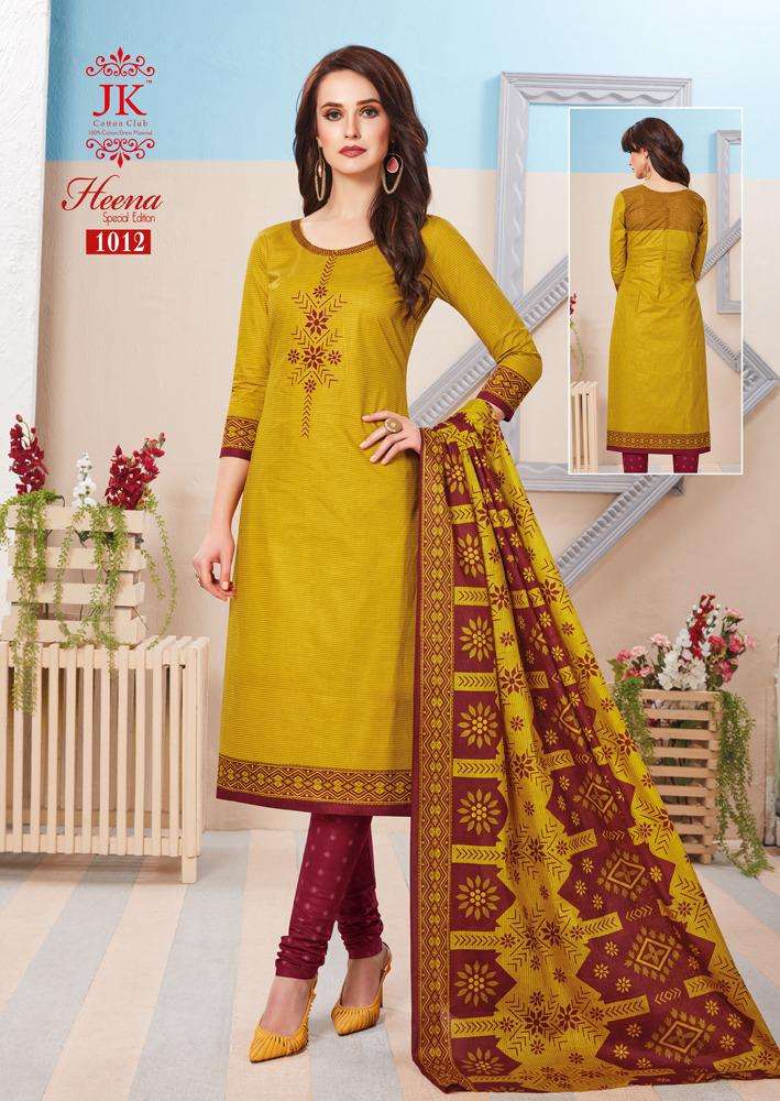 HEENA SPECIAL EDITION BY JK COTTON CLUB 1001 TO 1012 SERIES BEAUTIFUL SUITS STYLISH FANCY COLORFUL PARTY WEAR & OCCASIONAL WEAR COTTON PRINTED DRESSES AT WHOLESALE PRICE