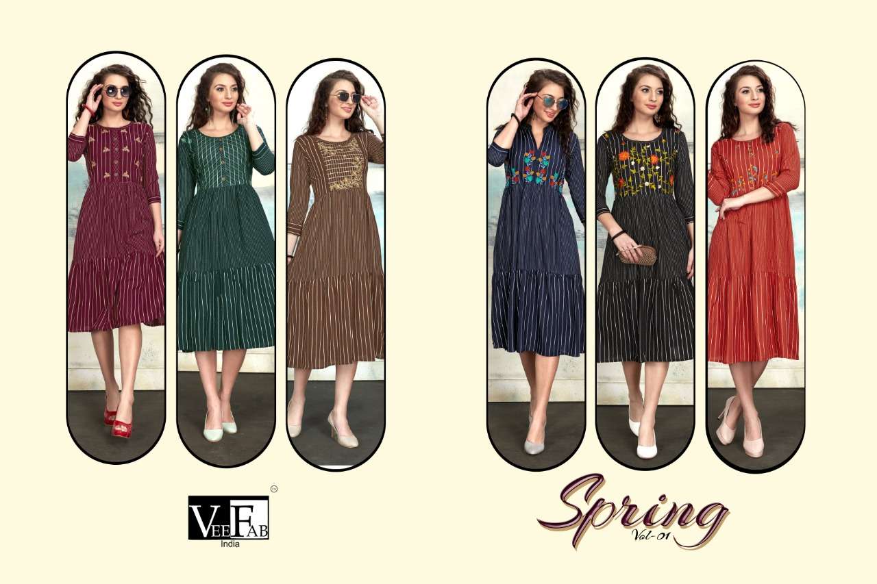 SPRING BY VEE FAB 101 TO 106 SERIES STYLISH COLORFUL FANCY BEAUTIFUL CASUAL WEAR & ETHNIC WEAR HEAVY RAYON LINING KURTIS AT WHOLESALE PRICE