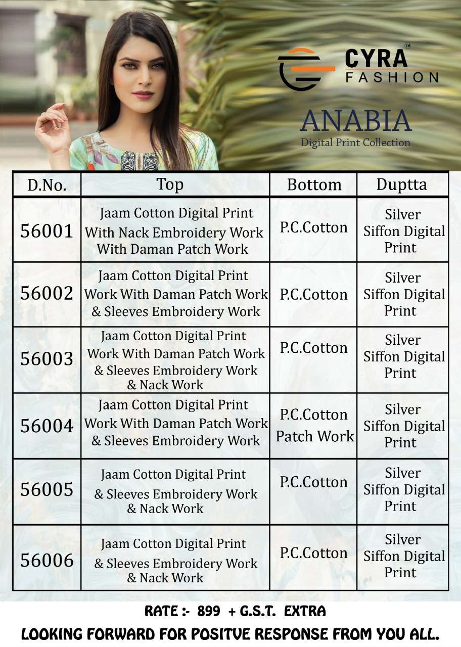 ANABIA BY CYRA FASHION 56001 TO 56006 SERIES BEAUTIFUL PAKISTANI SUITS COLORFUL STYLISH FANCY CASUAL WEAR & ETHNIC WEAR JAM COTTON WITH EMBROIDERY DRESSES AT WHOLESALE PRICE