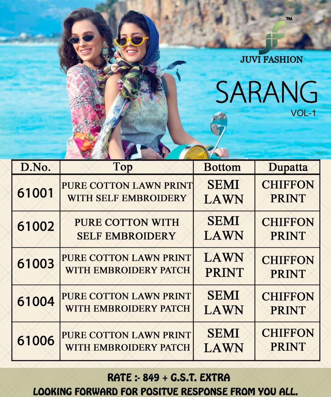 SARANG BY JUVI FASHION 6001 TO 6006 SERIES BEAUTIFUL PAKISTANI SUITS COLORFUL STYLISH FANCY CASUAL WEAR & ETHNIC WEAR PURE COTTON LAWN WITH EMBROIDERY DRESSES AT WHOLESALE PRICE