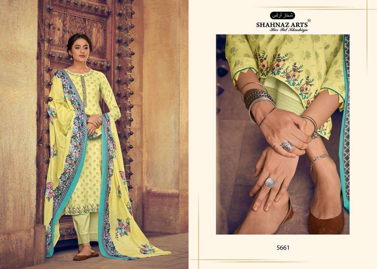 SAACHI BY SHAHNAZ ARTS 5657 TO 5665 SERIES BEAUTIFUL SUITS STYLISH FANCY COLORFUL PARTY WEAR & OCCASIONAL WEAR PURE COTTON PRINTED WITH EMBROIDERY DRESSES AT WHOLESALE PRICE