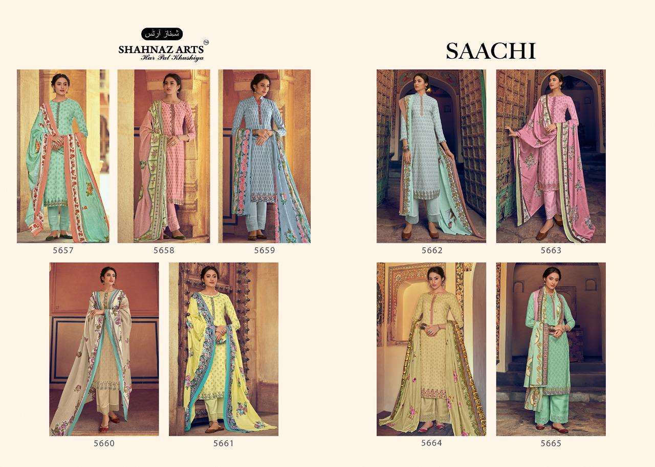 SAACHI BY SHAHNAZ ARTS 5657 TO 5665 SERIES BEAUTIFUL SUITS STYLISH FANCY COLORFUL PARTY WEAR & OCCASIONAL WEAR PURE COTTON PRINTED WITH EMBROIDERY DRESSES AT WHOLESALE PRICE