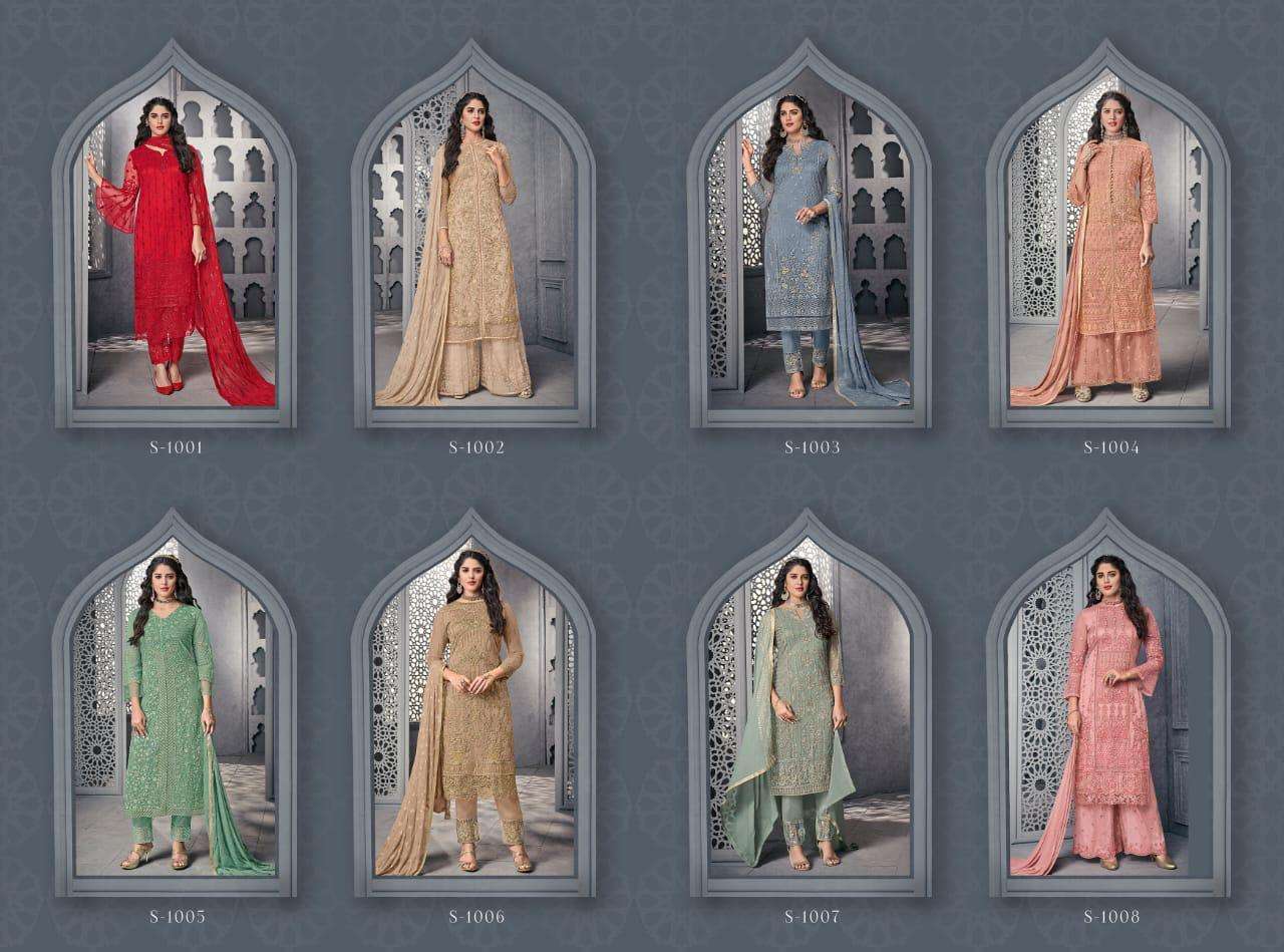 The Royal Saga By Sybella Creation S-1001 To S-1008 Series Beautiful Sharara Suits Stylish Fancy Colorful Party Wear & Ethnic Wear Net Embroidered Dresses At Wholesale Price