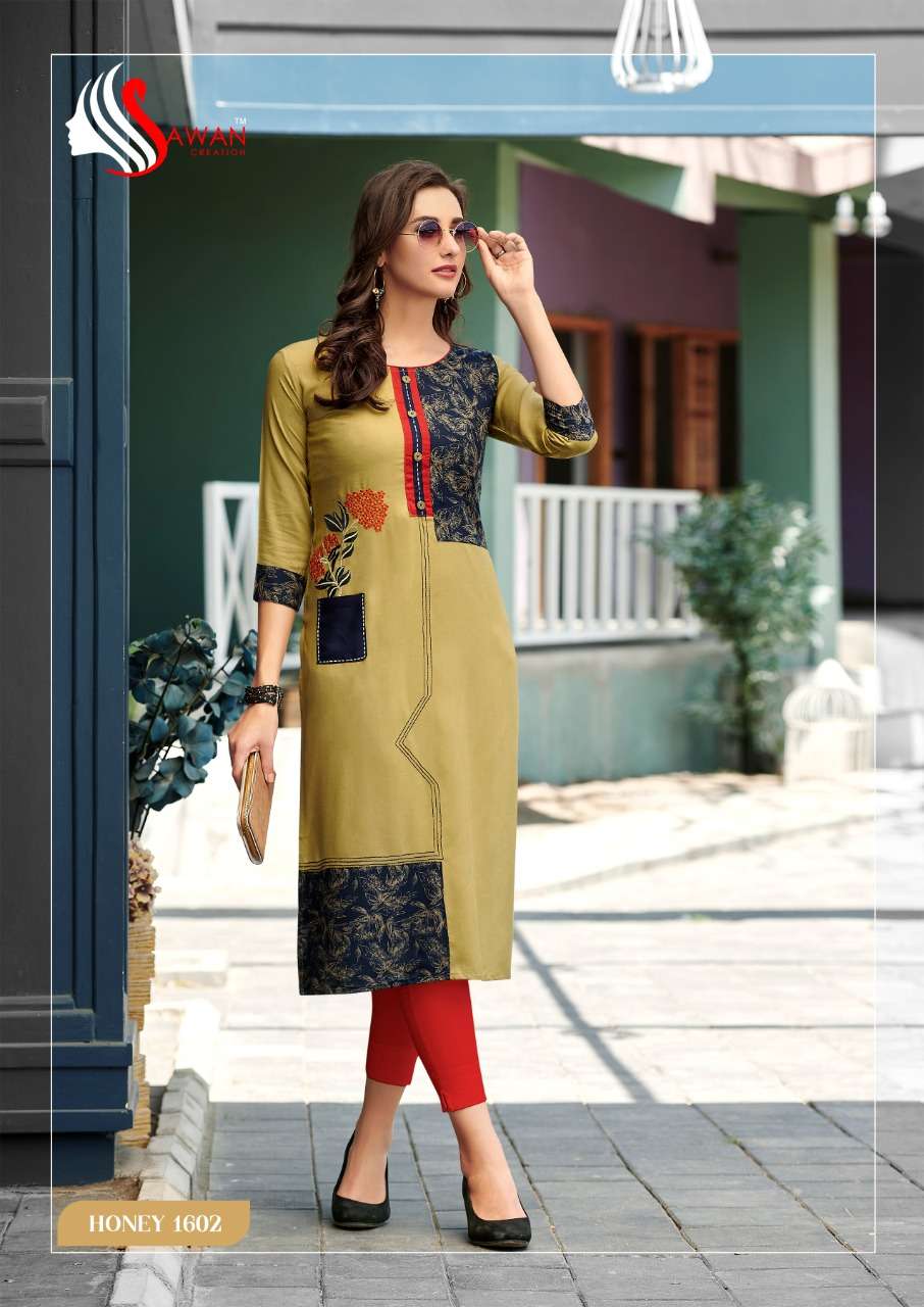 HONEY VOL-16 BY SAWAN CREATION 1601 TO 1612 SERIES STYLISH FANCY BEAUTIFUL COLORFUL CASUAL WEAR & ETHNIC WEAR 14 KG RAYON KURTIS AT WHOLESALE PRICE