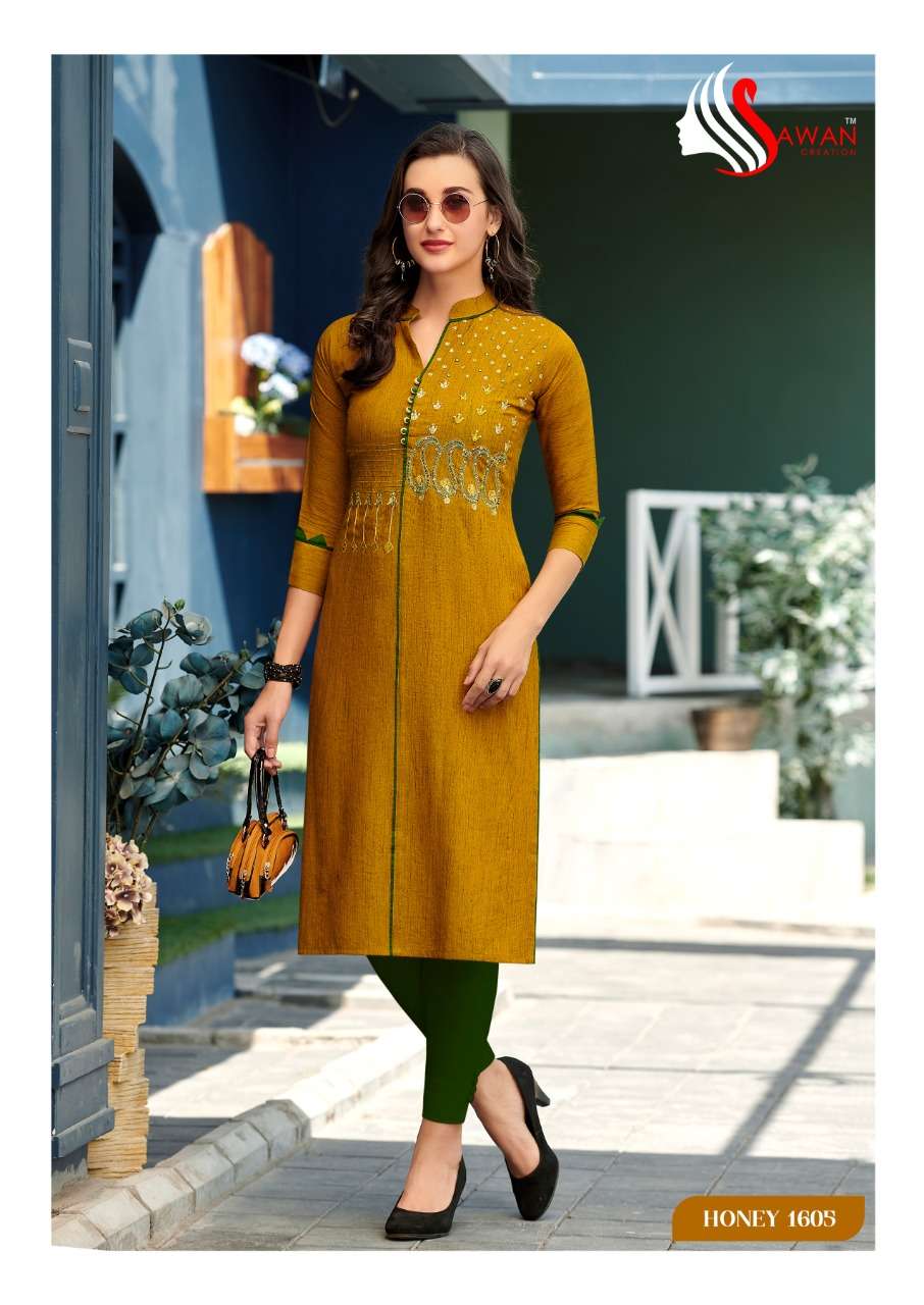 HONEY VOL-16 BY SAWAN CREATION 1601 TO 1612 SERIES STYLISH FANCY BEAUTIFUL COLORFUL CASUAL WEAR & ETHNIC WEAR 14 KG RAYON KURTIS AT WHOLESALE PRICE