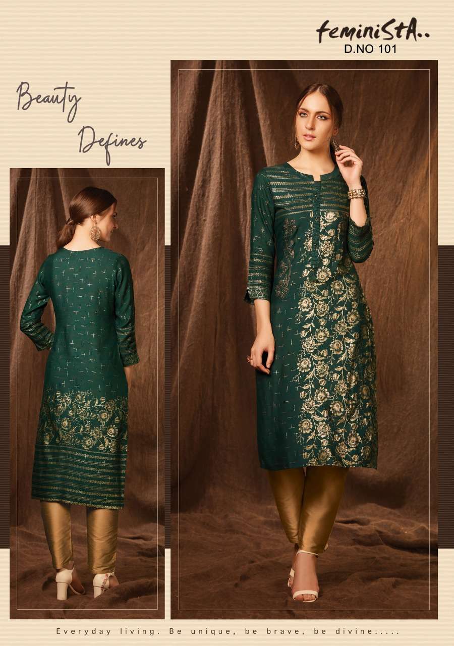 GRACE VOL-2 BY FEMINISTA 101 TO 108 SERIES STYLISH FANCY BEAUTIFUL COLORFUL CASUAL WEAR & ETHNIC WEAR HEAVY WEAVING RAYON FOIL PRINT KURTIS AT WHOLESALE PRICE
