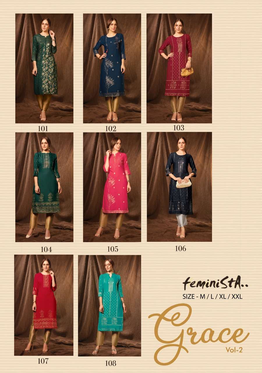 GRACE VOL-2 BY FEMINISTA 101 TO 108 SERIES STYLISH FANCY BEAUTIFUL COLORFUL CASUAL WEAR & ETHNIC WEAR HEAVY WEAVING RAYON FOIL PRINT KURTIS AT WHOLESALE PRICE