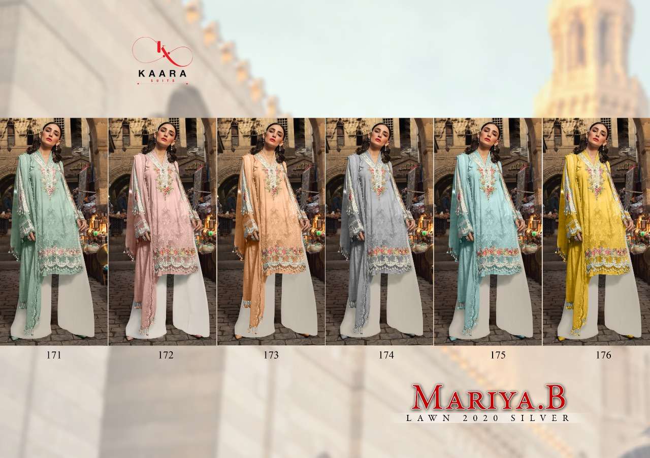 MARIYA.B LAWN 20 20 SILVER BY KAARA SUITS 7113 TO 7118 SERIES DESIGNER SHARARA SUITS BEAUTIFUL STYLISH FANCY COLORFUL PARTY WEAR & OCCASIONAL WEAR PURE COTTON DRESSES AT WHOLESALE PRICE