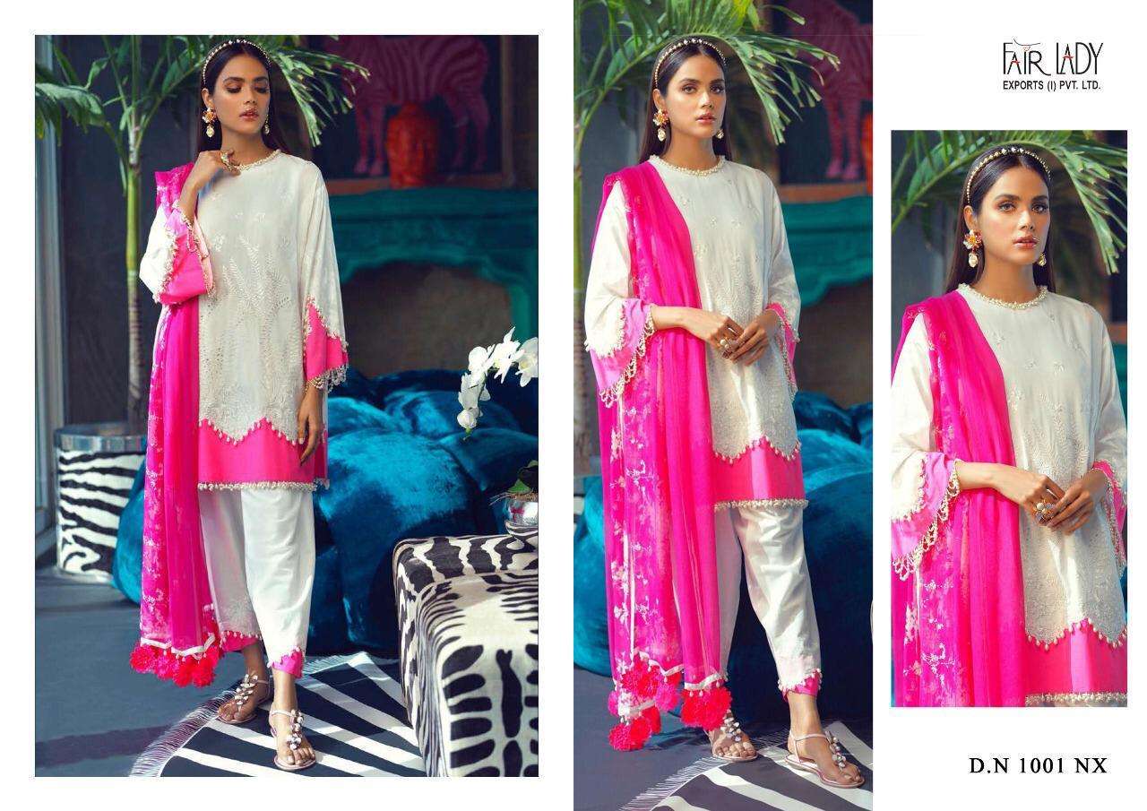 SANA SAFINAZ NX BY FAIR LADY 1001-NX TO 1003-NX SERIES PAKISTANI SUITS BEAUTIFUL FANCY COLORFUL STYLISH PARTY WEAR & OCCASIONAL WEAR PURE JAM SATIN PRINTED WITH EMBROIDERY DRESSES AT WHOLESALE PRICE