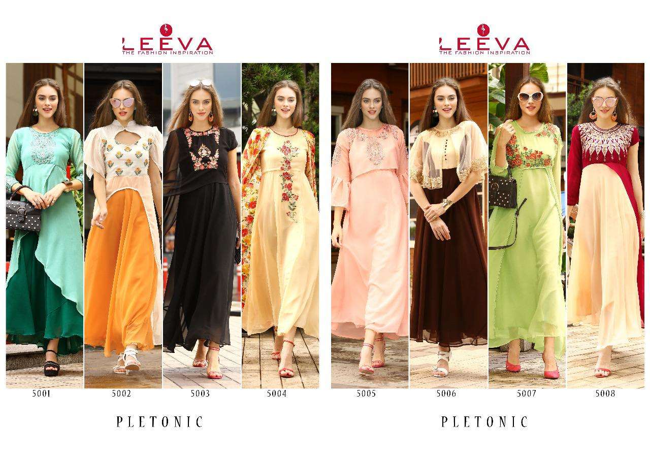 Pletonic By Leeva 5001 To 5008 Series Beautiful Stylish Fancy Colorful Casual Wear & Ethnic Wear & Ready To Wear Faux Georgette Kurtis At Wholesale Price