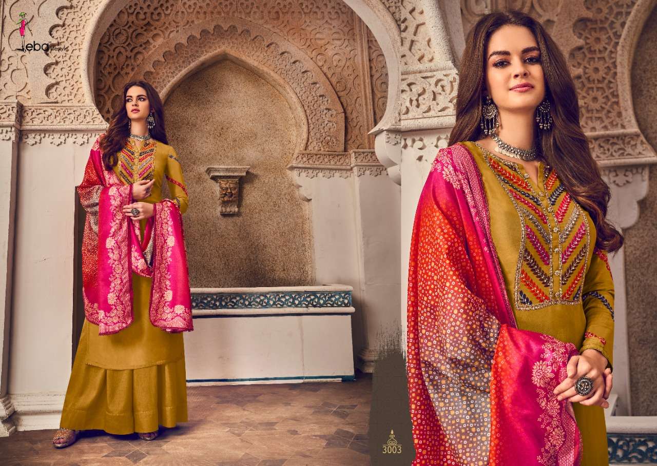 QUEEN BY EBA LIFESTYLE 3001 TO 3004 SERIES DESIGNER SHARARA SUITS BEAUTIFUL STYLISH FANCY COLORFUL PARTY WEAR & OCCASIONAL WEAR PURE TUSSAR WITH FANCY EMBROIDERY DRESSES AT WHOLESALE PRICE