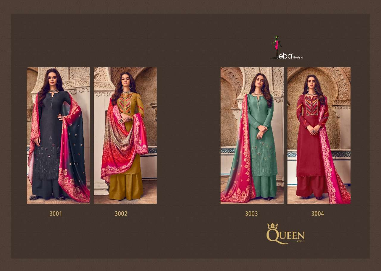 QUEEN BY EBA LIFESTYLE 3001 TO 3004 SERIES DESIGNER SHARARA SUITS BEAUTIFUL STYLISH FANCY COLORFUL PARTY WEAR & OCCASIONAL WEAR PURE TUSSAR WITH FANCY EMBROIDERY DRESSES AT WHOLESALE PRICE