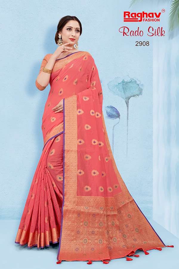 RADO SILK BY RAGHAV FASHION 2901 TO 2908 SERIES INDIAN TRADITIONAL WEAR COLLECTION BEAUTIFUL STYLISH FANCY COLORFUL PARTY WEAR & OCCASIONAL WEAR SILK JACQUARD PRINTED SAREES AT WHOLESALE PRICE