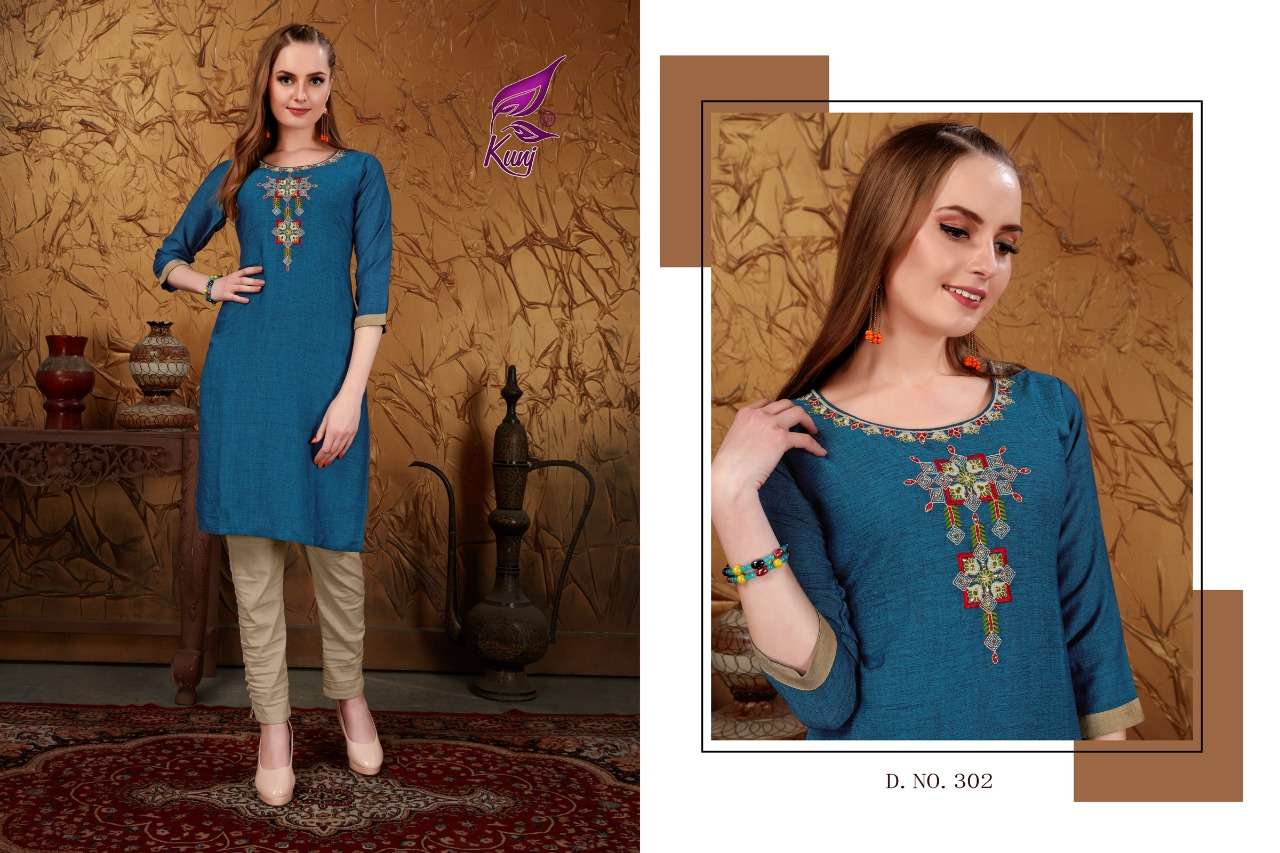 MUSKAN VOL-3 BY KUNJ 301 TO 308 SERIES STYLISH FANCY BEAUTIFUL COLORFUL CASUAL WEAR & ETHNIC WEAR RAYON TWO TONE WITH EMBROIDERY KURTIS AT WHOLESALE PRICE
