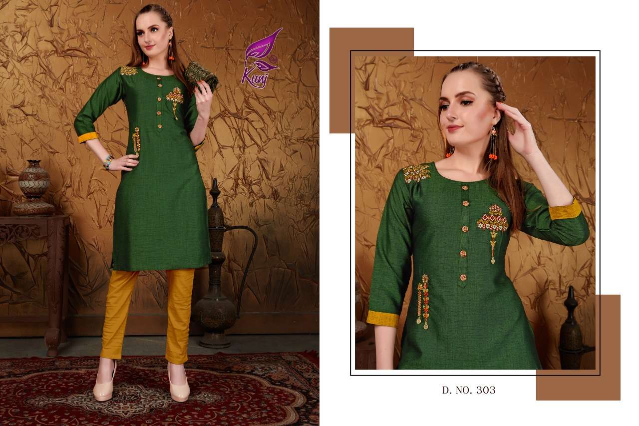 MUSKAN VOL-3 BY KUNJ 301 TO 308 SERIES STYLISH FANCY BEAUTIFUL COLORFUL CASUAL WEAR & ETHNIC WEAR RAYON TWO TONE WITH EMBROIDERY KURTIS AT WHOLESALE PRICE