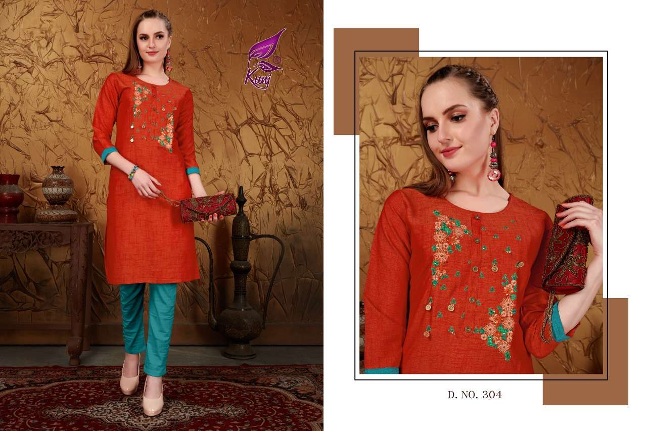 MUSKAN VOL-3 BY KUNJ 301 TO 308 SERIES STYLISH FANCY BEAUTIFUL COLORFUL CASUAL WEAR & ETHNIC WEAR RAYON TWO TONE WITH EMBROIDERY KURTIS AT WHOLESALE PRICE