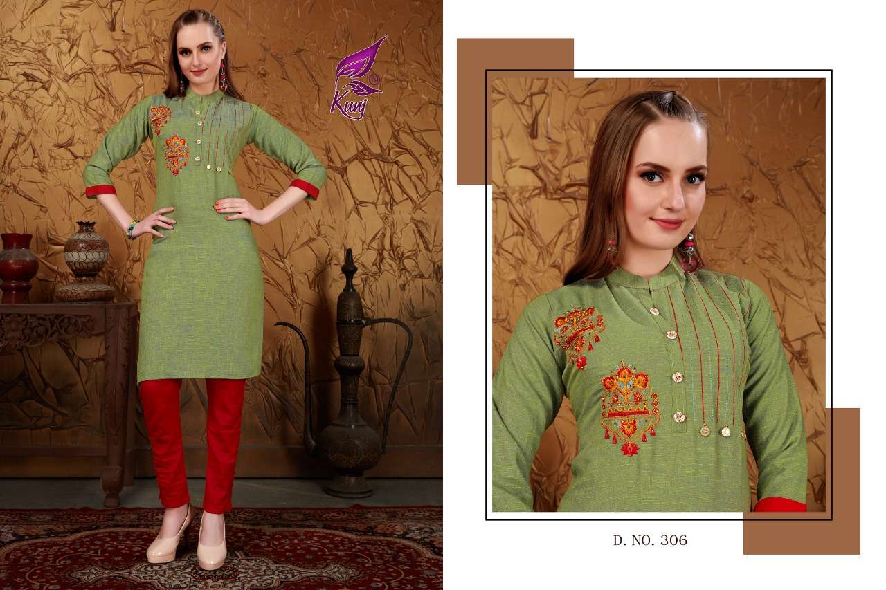 MUSKAN VOL-3 BY KUNJ 301 TO 308 SERIES STYLISH FANCY BEAUTIFUL COLORFUL CASUAL WEAR & ETHNIC WEAR RAYON TWO TONE WITH EMBROIDERY KURTIS AT WHOLESALE PRICE