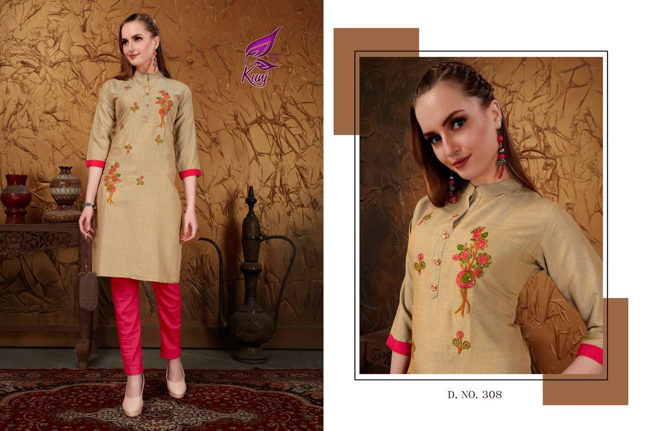 MUSKAN VOL-3 BY KUNJ 301 TO 308 SERIES STYLISH FANCY BEAUTIFUL COLORFUL CASUAL WEAR & ETHNIC WEAR RAYON TWO TONE WITH EMBROIDERY KURTIS AT WHOLESALE PRICE