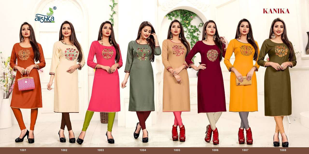 Kanika By Alishka Fashion 1001 To 1008 Series Beautiful Colorful Stylish Fancy Casual Wear & Ethnic Wear & Ready To Wear Rayon Embroidered Kurtis At Wholesale Price
