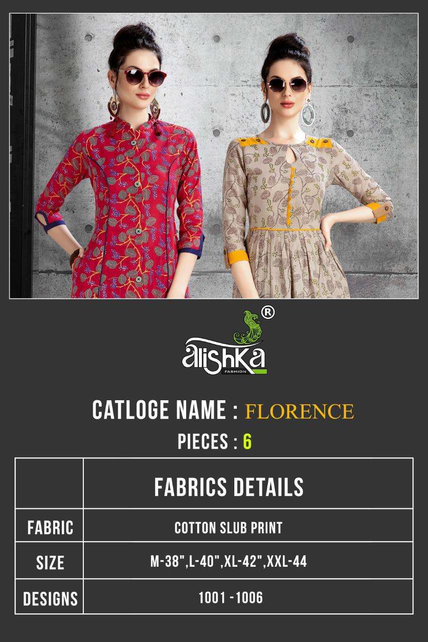 Florance By Alishka Fashion 1001 To 1006 Series Beautiful Stylish Fancy Colorful Casual Wear & Ethnic Wear Cotton Slub Printed Kurtis At Wholesale Price