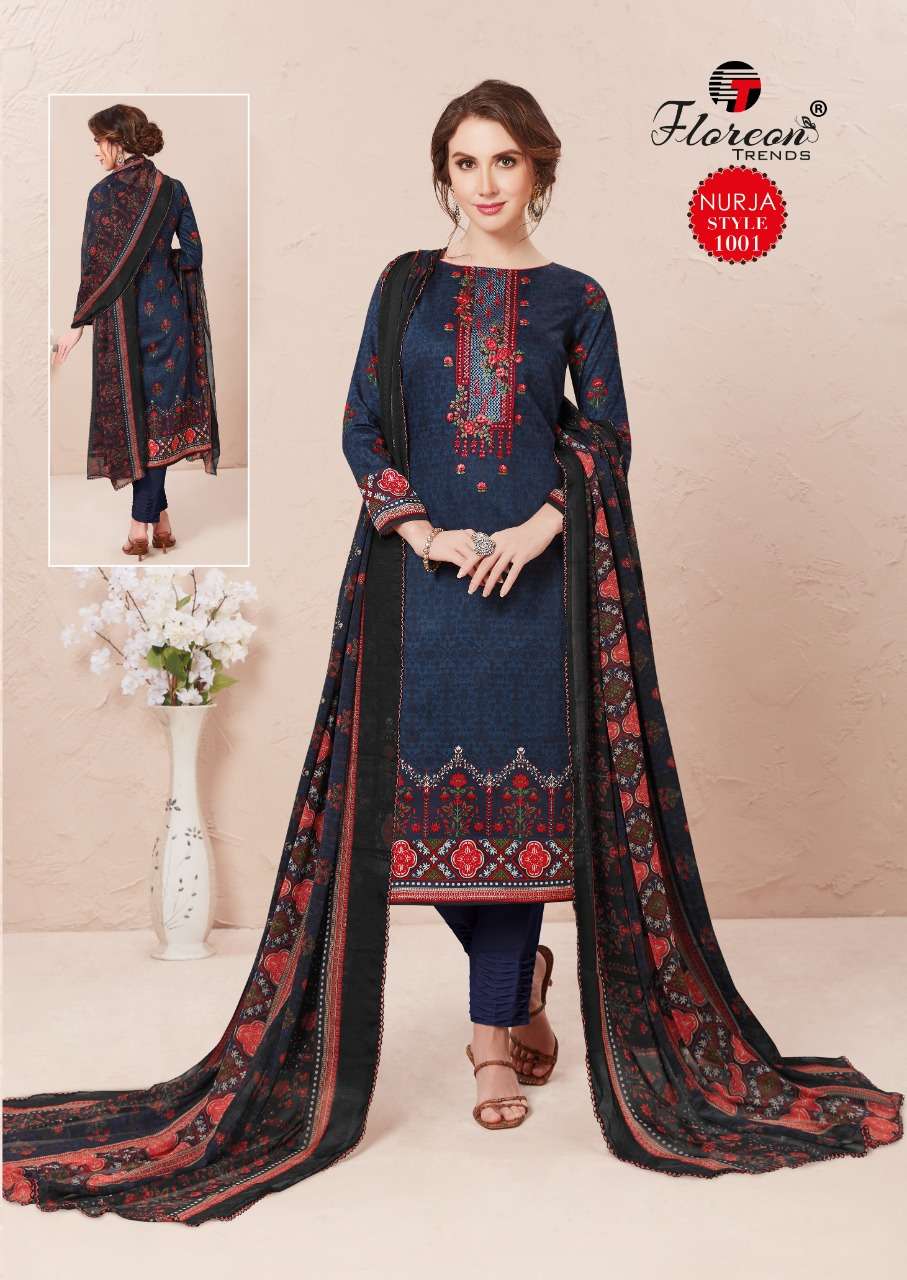 NURJA BY FLOREON TRENDZ 1001 TO 1010 SERIES DESIGNER SUITS BEAUTIFUL FANCY COLORFUL STYLISH PARTY WEAR & OCCASIONAL WEAR HEAVY JAM SATIN WITH EMBROIDERY DRESSES AT WHOLESALE PRICE