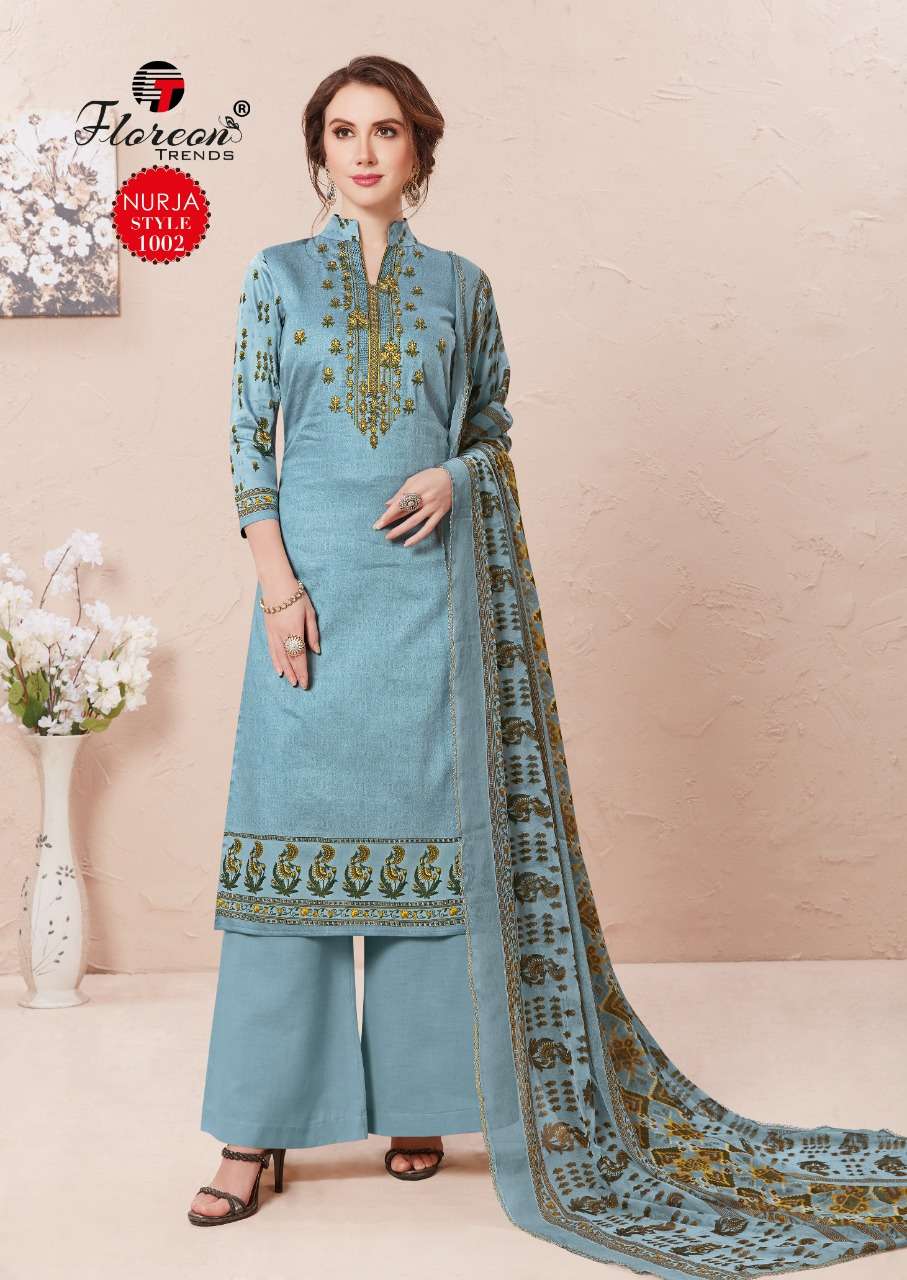 NURJA BY FLOREON TRENDZ 1001 TO 1010 SERIES DESIGNER SUITS BEAUTIFUL FANCY COLORFUL STYLISH PARTY WEAR & OCCASIONAL WEAR HEAVY JAM SATIN WITH EMBROIDERY DRESSES AT WHOLESALE PRICE