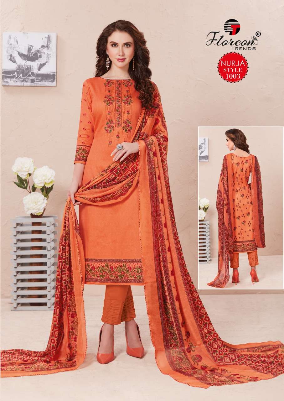 NURJA BY FLOREON TRENDZ 1001 TO 1010 SERIES DESIGNER SUITS BEAUTIFUL FANCY COLORFUL STYLISH PARTY WEAR & OCCASIONAL WEAR HEAVY JAM SATIN WITH EMBROIDERY DRESSES AT WHOLESALE PRICE