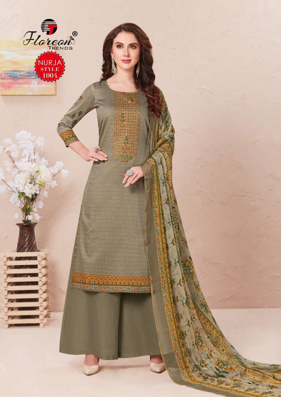 NURJA BY FLOREON TRENDZ 1001 TO 1010 SERIES DESIGNER SUITS BEAUTIFUL FANCY COLORFUL STYLISH PARTY WEAR & OCCASIONAL WEAR HEAVY JAM SATIN WITH EMBROIDERY DRESSES AT WHOLESALE PRICE