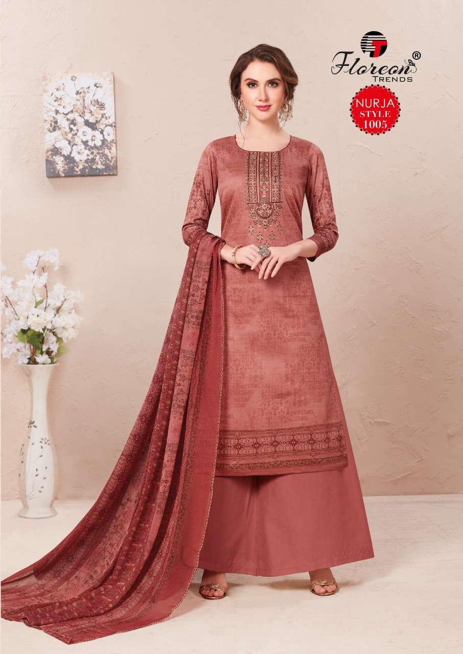 NURJA BY FLOREON TRENDZ 1001 TO 1010 SERIES DESIGNER SUITS BEAUTIFUL FANCY COLORFUL STYLISH PARTY WEAR & OCCASIONAL WEAR HEAVY JAM SATIN WITH EMBROIDERY DRESSES AT WHOLESALE PRICE