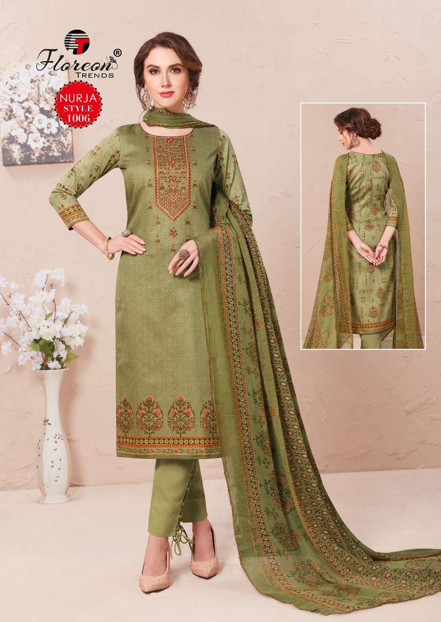 NURJA BY FLOREON TRENDZ 1001 TO 1010 SERIES DESIGNER SUITS BEAUTIFUL FANCY COLORFUL STYLISH PARTY WEAR & OCCASIONAL WEAR HEAVY JAM SATIN WITH EMBROIDERY DRESSES AT WHOLESALE PRICE