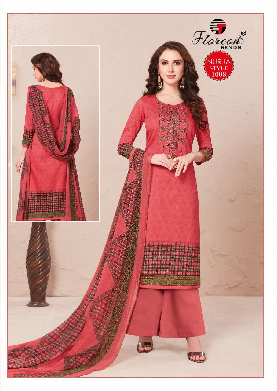 NURJA BY FLOREON TRENDZ 1001 TO 1010 SERIES DESIGNER SUITS BEAUTIFUL FANCY COLORFUL STYLISH PARTY WEAR & OCCASIONAL WEAR HEAVY JAM SATIN WITH EMBROIDERY DRESSES AT WHOLESALE PRICE