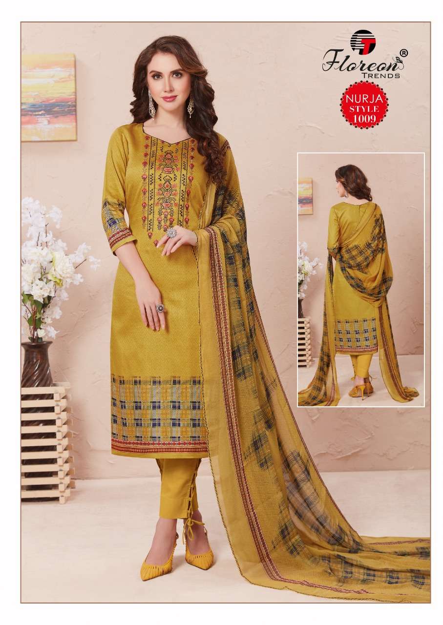 NURJA BY FLOREON TRENDZ 1001 TO 1010 SERIES DESIGNER SUITS BEAUTIFUL FANCY COLORFUL STYLISH PARTY WEAR & OCCASIONAL WEAR HEAVY JAM SATIN WITH EMBROIDERY DRESSES AT WHOLESALE PRICE