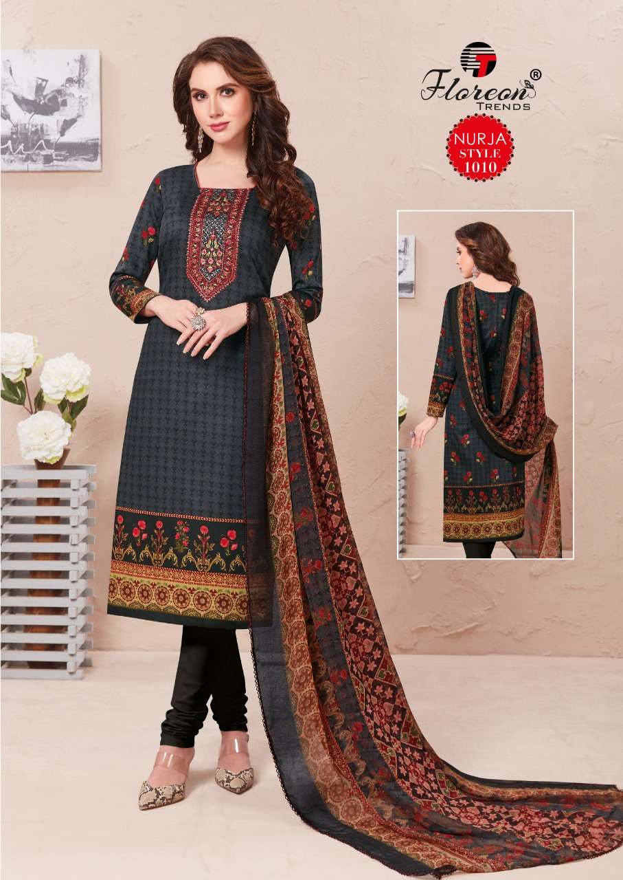 NURJA BY FLOREON TRENDZ 1001 TO 1010 SERIES DESIGNER SUITS BEAUTIFUL FANCY COLORFUL STYLISH PARTY WEAR & OCCASIONAL WEAR HEAVY JAM SATIN WITH EMBROIDERY DRESSES AT WHOLESALE PRICE