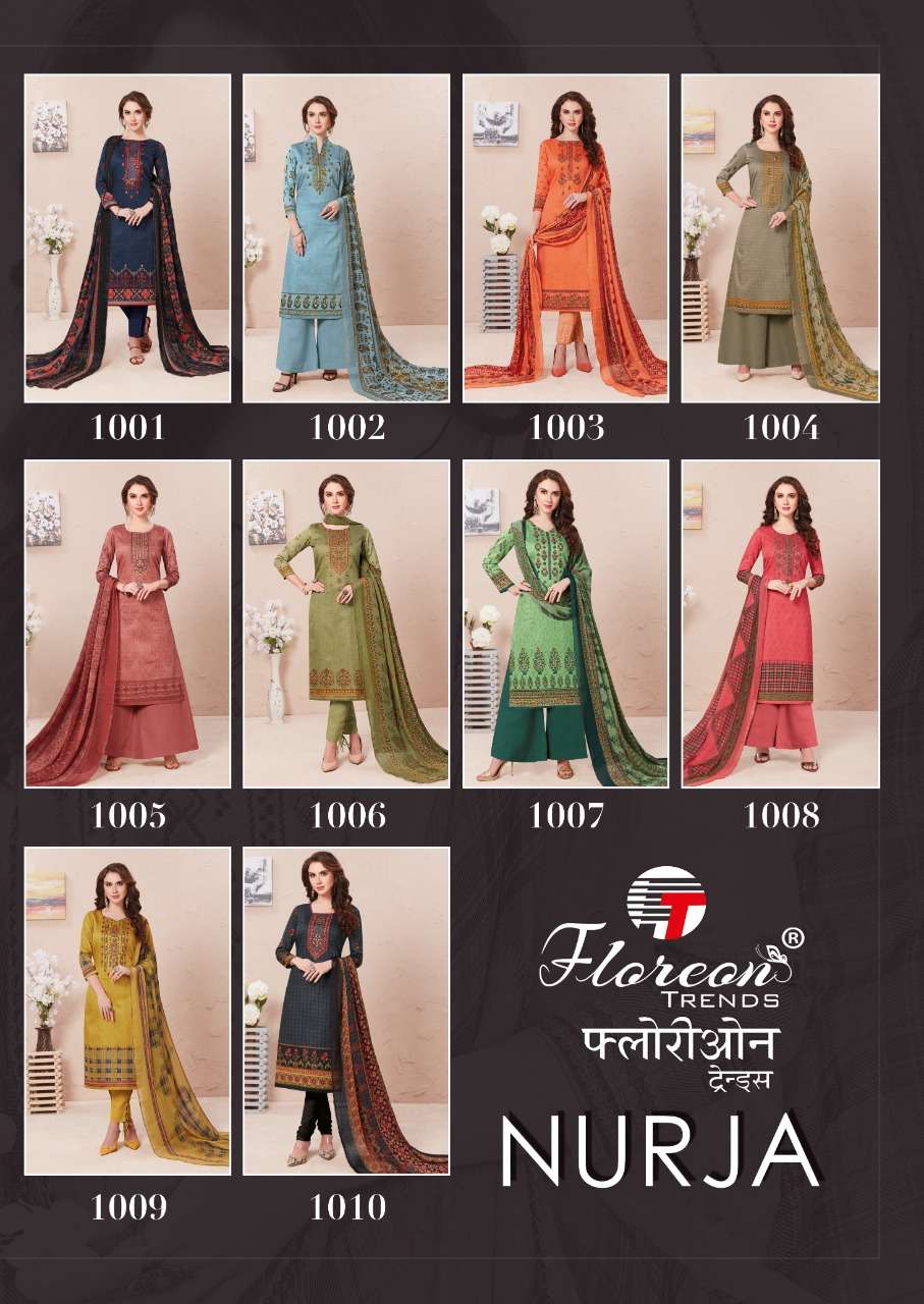 NURJA BY FLOREON TRENDZ 1001 TO 1010 SERIES DESIGNER SUITS BEAUTIFUL FANCY COLORFUL STYLISH PARTY WEAR & OCCASIONAL WEAR HEAVY JAM SATIN WITH EMBROIDERY DRESSES AT WHOLESALE PRICE