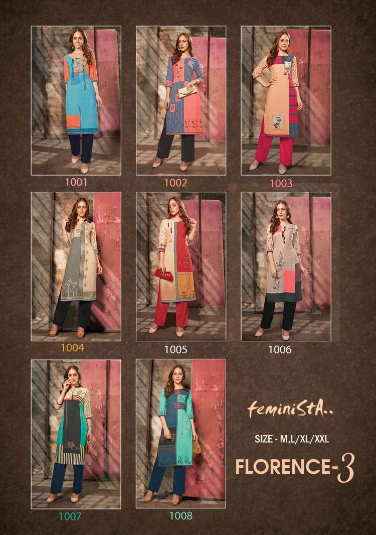FLORENCE VOL-3 BY FEMINISTA 1001 TO 1008 SERIES BEAUTIFUL COLORFUL STYLISH FANCY CASUAL WEAR & READY TO WEAR RAYON DIGITAL RPINTED KURTIS AT WHOLESALE PRICE