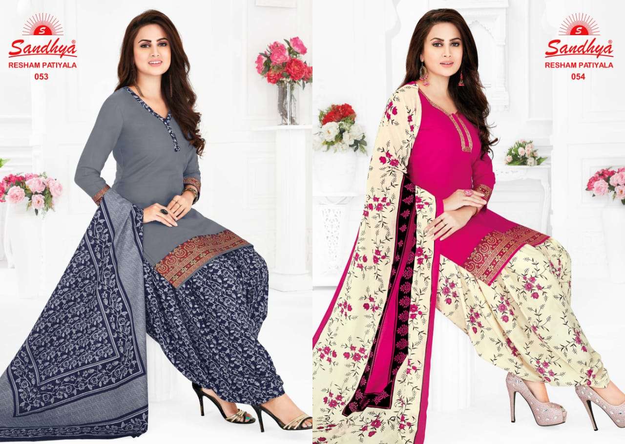 RESHAM PATIYALA VOL-3 BY SANDHYA 041 TO 055 SERIES BEAUTIFUL STYLISH SUITS FANCY COLORFUL CASUAL WEAR & ETHNIC WEAR & READY TO WEAR COTTON PRINTED DRESSES AT WHOLESALE PRICE