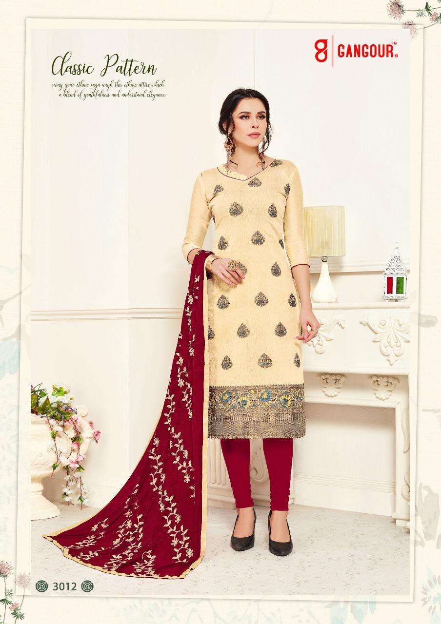 KULFI VOL-3 BY GANGOUR 3001 TO 3012 SERIES BEAUTIFUL SUITS STYLISH FANCY COLORFUL PARTY WEAR & OCCASIONAL WEAR BANARASI PRINTED DRESSES AT WHOLESALE PRICE