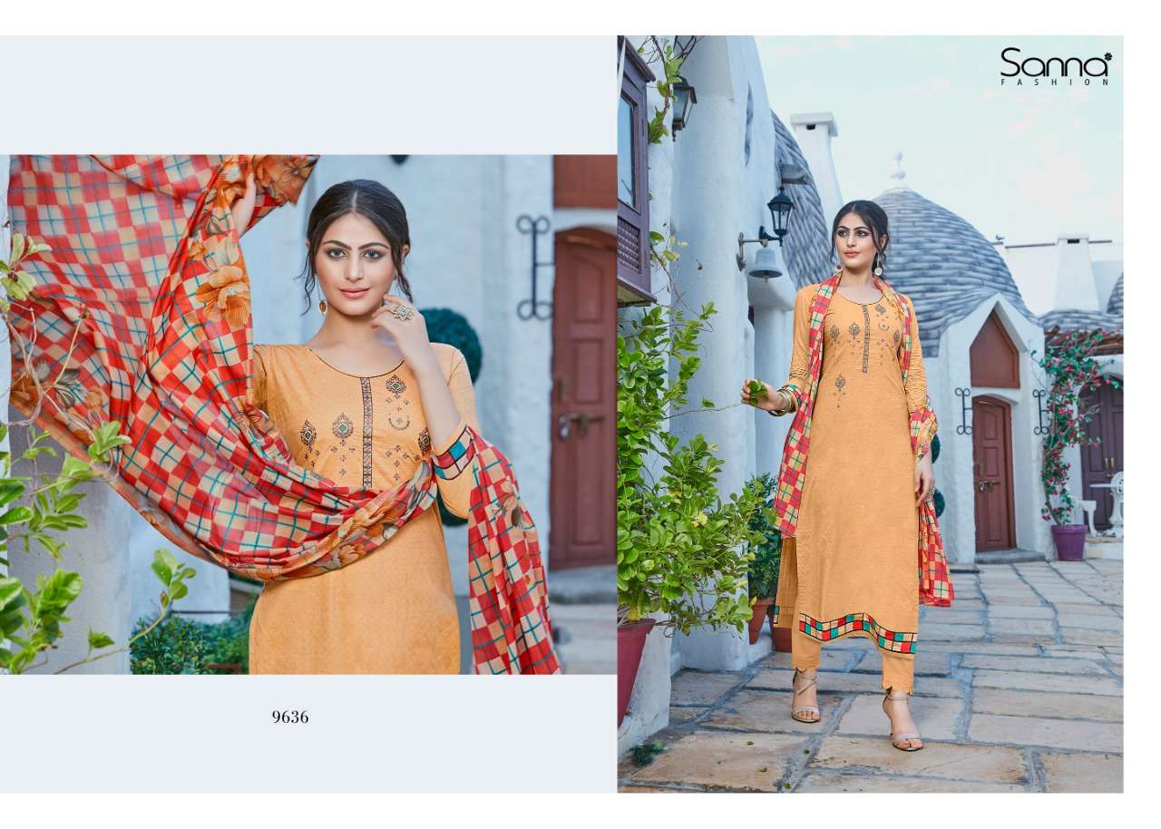 MUSE BY SANNA FASHION 9631 TO 9640 SERIES DESIGNER SUITS COLLECTION BEAUTIFUL STYLISH FANCY COLORFUL PARTY WEAR & OCCASIONAL WEAR PURE AZ COTTON JAM SILK DRESSES AT WHOLESALE PRICE